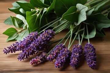 Wall Mural - Seven Stems of Red Lavender with Lush Green Foliage and Aromatic Botanical Essence