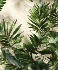 Wall Mural - a close-up view of lush, green palm leaves against a light beige background.