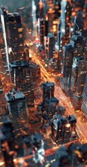 Poster - A digital of a futuristic cityscape at night, featuring tall buildings with glowing windows and a bustling street below.