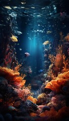 A vibrant underwater scene showcases a variety of colorful marine life, including fish, coral, and plants, with sunlight filtering through the water.