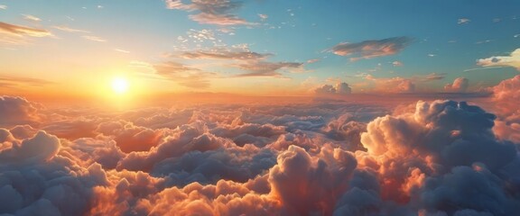 Wall Mural - A breathtaking aerial view of a sunset over a sea of clouds, with the sun's rays peeking through the clouds and casting a warm glow across the sky.