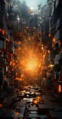 Poster - a futuristic cityscape with a complex network of buildings and structures illuminated by a bright, fiery glow. The perspective is from the ground, looking up towards the sky,