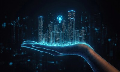 Wall Mural - digital hand holding futuristic cityscape with glowing skyscrapers representing innovation in urban 