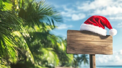 Tropical christmas scene with santa hat on wooden sign by the beach