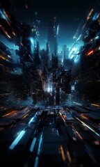 Wall Mural - futuristic cityscape, with a multitude of tall buildings and structures illuminated by a myriad of lights, creating a sense of depth and dimensionality. The city is bathed in a