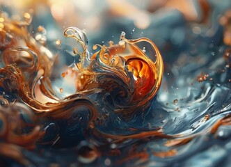 a swirling, abstract pattern of orange and blue hues, with a central, fiery orange shape surrounded by a dynamic, swirling motion.