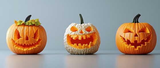 Three carved pumpkins with different expressions on their faces