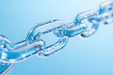 Wall Mural - A close-up of the details on one blue and clear fluid chain, with water droplets visible in each link, the background