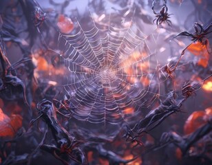 A close-up of a spider web with intricate patterns, surrounded by a dark, fiery background with red and orange hues.
