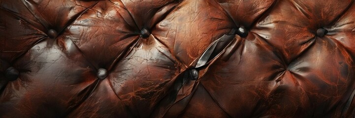 Close-up of a worn leather surface, featuring a tufted pattern and a dark brown color.