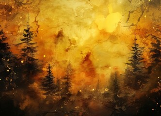 Wall Mural - a forest scene with a warm, fiery glow from the center, creating a sense of depth and dimension. The trees, rendered in black and brown, stand out against the vibrant orange and