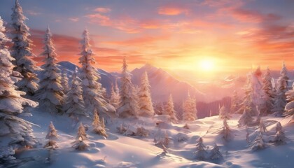 Wall Mural - A breathtaking winter landscape at sunset, with a vibrant orange sky and a warm glow illuminating the snow-covered trees and mountains.