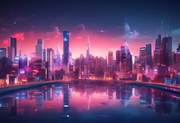 Wall Mural - a futuristic cityscape at sunset, with tall buildings and skyscrapers reflecting in the calm waters of a river or lake. The sky is filled with vibrant hues of pink and purple,