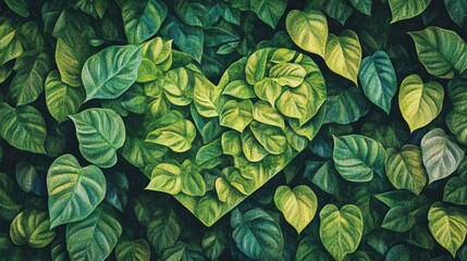 Wall Mural - Heart pattern, green leaves. Generative AI