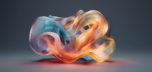 a complex, abstract sculpture composed of overlapping, flowing shapes in shades of blue, pink, and orange, set against a dark background.