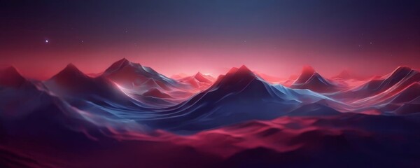 Wall Mural - a surreal landscape with mountains and valleys in shades of blue and red, set against a dark purple sky with a few stars.