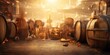 © Nipon - a collection of wooden barrels and glass bottles arranged in a haphazard manner, with a warm, golden glow illuminating the scene.