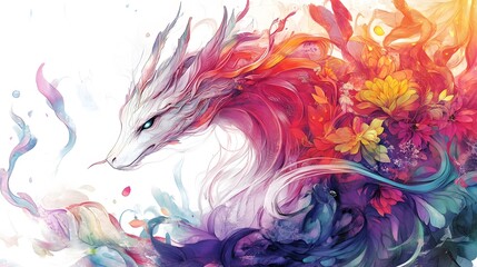 Sticker - Colorful Dragon with Flowers and Abstract Watercolor Design