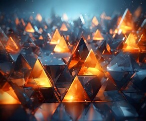 close-up view of a collection of triangular pyramids, each with a unique color and pattern. The pyramids are arranged in a grid-like pattern, creating a sense of depth and