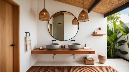 Modern, open-air bathroom with a minimalist design.The layout features a large, round mirror with a thin black frame mounted on a white wall.