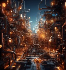 Wall Mural - a futuristic cityscape with intricate, glowing pipes and wires forming a complex network, creating a visually striking and immersive environment.