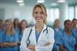 © Amir Bajric - female woman doctor nurse portrait shot smiling cheerful confident standing front row in medical training class or seminar room background