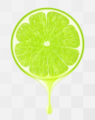 Wall Mural - lime juice dripping from fresh ripe lime, isolated on transparent background. green ripe lime with f