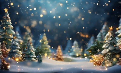 Wall Mural - A winter wonderland scene with a group of Christmas trees, each adorned with twinkling lights and ornaments, set against a dark blue sky filled with falling snowflakes.