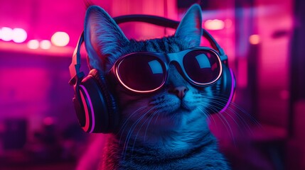 Poster - Cool Cat Wearing Headphones and Sunglasses in Neon Light