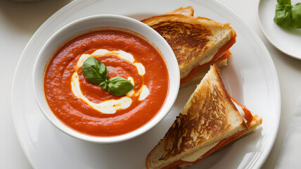 A bowl of creamy tomato bisque, garnished with a swirl of cream and fresh basil leaves, served with a side of grilled cheese sandwich wedges on a white plate.