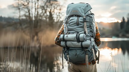 Wall Mural - A person is hiking through a wooded area, looking out at a lake at sunset.