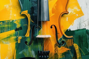 Modern art collage poster featuring a violin with abstract shapes symbolizing creative musical expression and blending classic and contemporary art for festivals