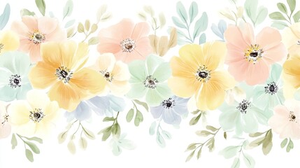 Wall Mural - A beautiful watercolor pattern featuring soft pastel flowers, perfect for backgrounds and floral designs.