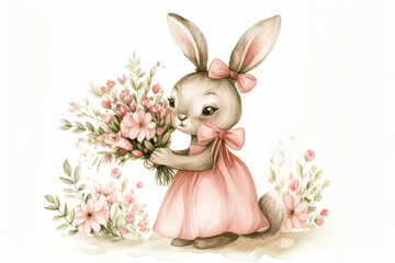 Cute bunny in dress holding flowers