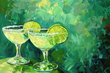 Wall Mural - Two margaritas with tequila lime and salt on green background