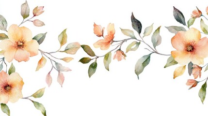 Wall Mural - A delicate watercolor floral border design featuring soft peach flowers and green leaves, perfect for invitations and decor.