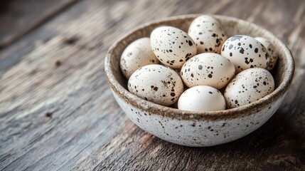 Poster - Quail eggs in dish, wooden table. Generative AI