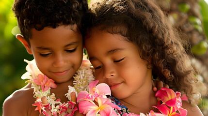 Intimate portrait of two young Pacific Islander children weaving flower garlands 