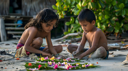 Poster - Intimate portrait of two young Pacific Islander children weaving flower garlands 