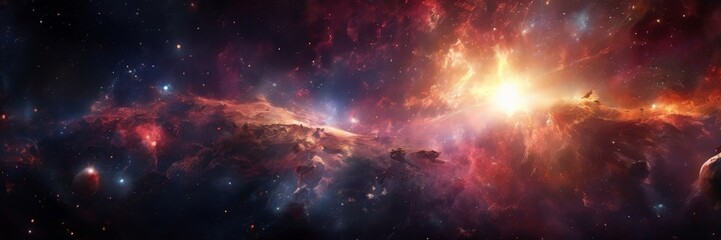 Wall Mural - a vibrant cosmic scene, featuring a nebula with swirling clouds of gas and dust illuminated by a bright, radiant star at its center. The nebula is surrounded by a multitude of