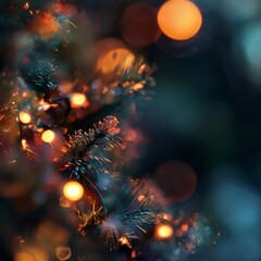 A close-up view of a Christmas tree adorned with twinkling lights, showcasing the intricate details of the pine branches and the warm glow of the lights against a dark background.