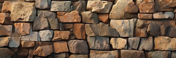 A close-up view of a stone wall composed of irregularly shaped stones in various shades of brown and gray, arranged in a grid-like pattern.