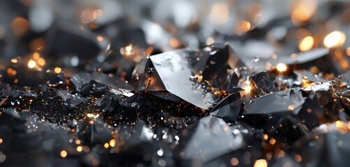 a close-up view of a pile of black, jagged, and glittery crystals, with a blurred background of orange and white lights.