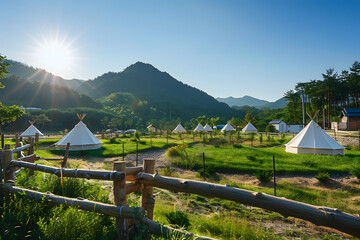 A camping tent on a grassy field