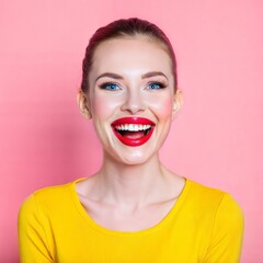 Sticker - smiling woman with white teeth and red lipstick on white background. Generate With AI