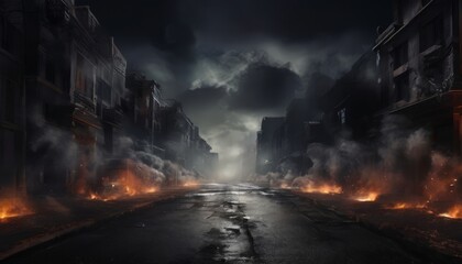 a desolate city street, shrouded in smoke and flames, stretches out into the distance under a dark, 