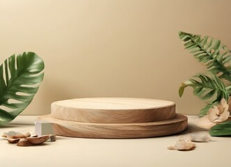 A wooden podium with a round base and two tiers, set against a beige background with tropical leaves and flowers.