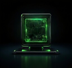 Wall Mural - a futuristic, square-shaped object with a glowing green circuit board inside, set against a dark background.