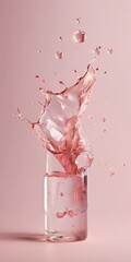 Wall Mural - A glass of water with a splash of pink liquid, set against a pink background.