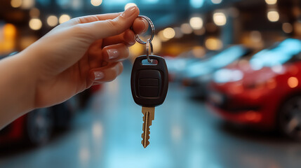 Female hand holding car keys in a dealership with blurred cars in the background